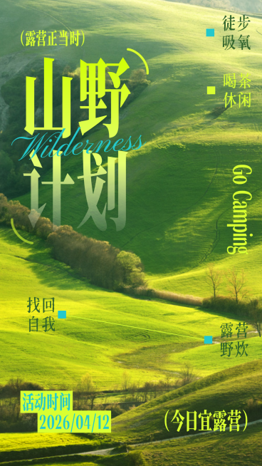 春天露营出游野餐活动宣传简约大字绿色竖版海报预览效果