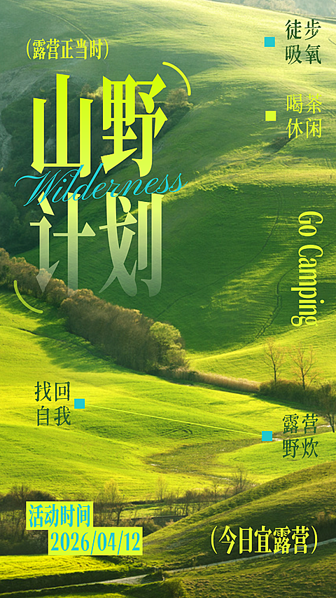春天露营出游野餐活动宣传简约大字绿色竖版海报