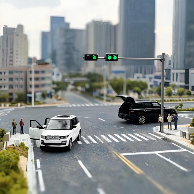 黑白双车城市路口，城市十字路口微缩场景，带红绿灯、斑马线、迷你行人模型，背景是高楼模型，白色揽胜车模驾驶侧车门打开模拟等待通行，黑色揽胜车模后备箱打开模拟临时停靠，斜侧方全景镜头，同时框入两辆车和路口预览效果