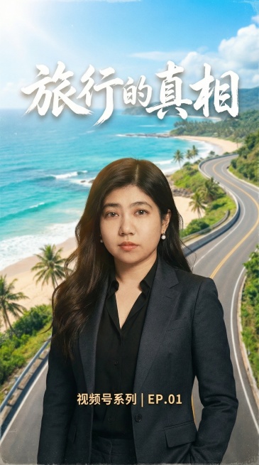 保留人物主体和文字"旅行的真相""视频号系列 | EP.01"，更换为海边公路旅行背景，风格清新明亮预览效果