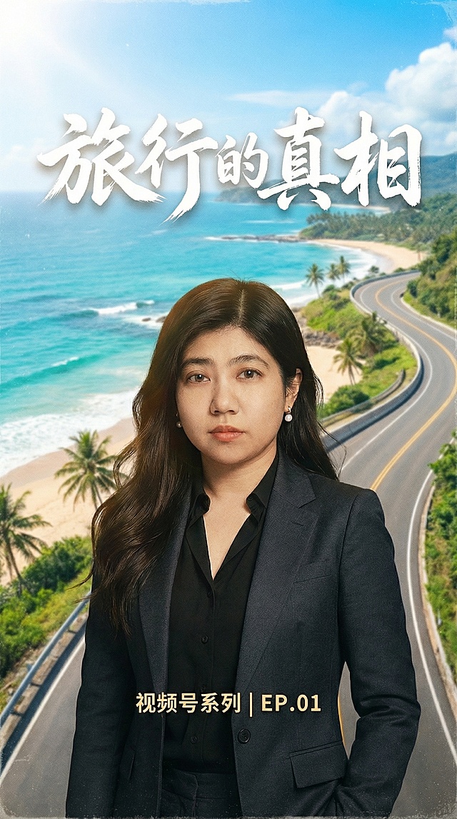 保留人物主体和文字"旅行的真相""视频号系列 | EP.01"，更换为海边公路旅行背景，风格清新明亮