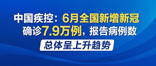标题为：中国疾控：6月全国新增新冠确诊7.9万例，报告病例数总体呈上升趋势，删除所有原有卡通形象，保留标题文字，排版简洁清晰，适合作为微信公众号头图封面