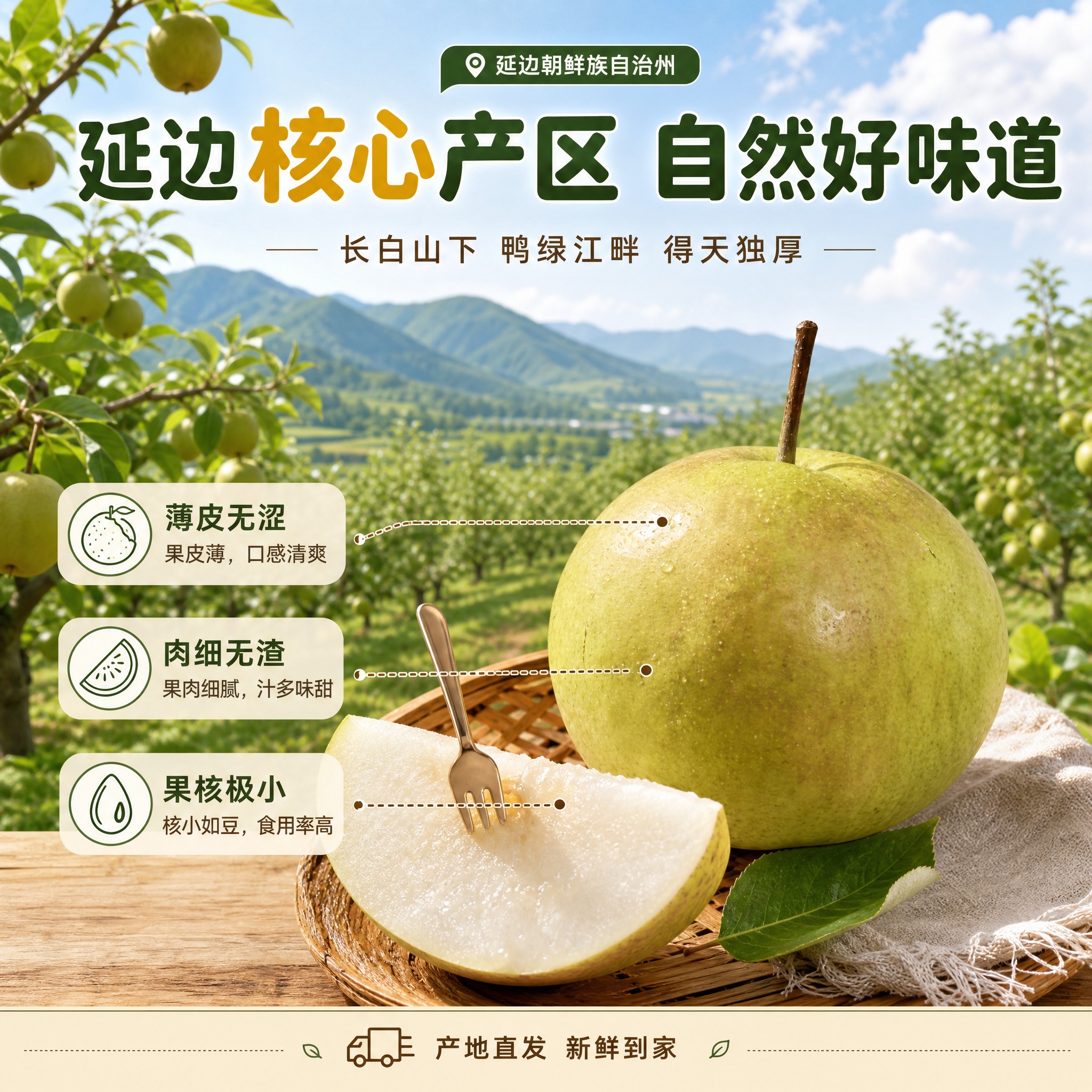[主图-2] 延边苹果梨产地溯源与核心亮点图，展示延边核心产区… - 图片创意预览