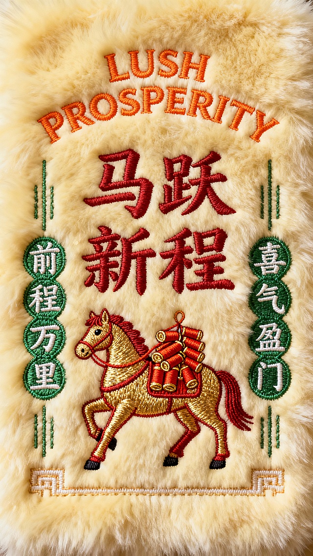 刺绣风融合工笔细腻线条，重拟物手法呈现骏马驮金卷，浮雕质感凸显中式喜庆。国潮风设计，红金配色呼应“马跃新程”，传递新春祥瑞与民族美学。