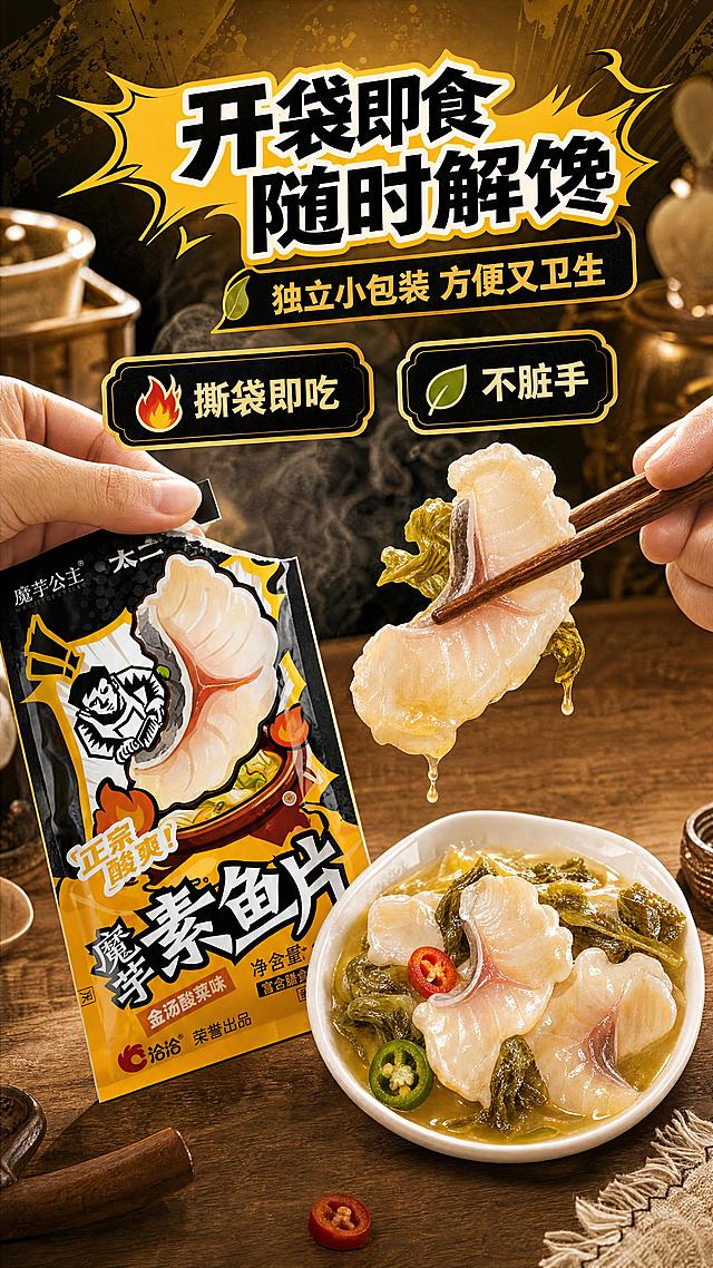 [商品] 参考【图1】【图2】中的真实酸菜鱼片质感与包装风格，真实鱼片：白嫩鱼肉带清晰肌理、挂金黄透亮酸汤、带酸菜叶，形态自然如真实夹起的酸菜鱼。亚洲人手部皮肤纹理清晰，动作自然真实。包装保留魔芋公主×太二联名全部外观与文字，细节锐利。
[画面] 第6张·食用动作页。画面中部为亚洲人手部动作：一只手撕开包装袋（撕口细节清晰），另一只手用筷子夹起一片超写实真实酸菜鱼片（挂着金黄酸汤、带少许酸菜，鱼片肌理清晰），旁边白瓷小碟盛有4-5片真实素鱼片和酸菜（细节锐利），背景为浅金渐变+清晰餐桌场景（木质桌面、餐具虚化但轮廓清晰），动作瞬间型，所有主体元素100%锐利对焦，≥3层视觉层次（前景手部+真实鱼片/中景产品+小碟/后景清晰餐桌）。
[视觉] 套系策略：风格=超写实商业美食摄影+国潮漫画背景结合；标题字=粗黑体带国潮描边字效；正文字=简洁黑体；主色=深黑+金黄；背景延展=基于深黑做金色渐变、光斑、蒸汽、泼墨质感层次，背景元素清晰可辨；强调色=酸菜绿+辣椒红，仅用于小面积食材、图标和标签；标题色=金黄白边；正文色=暖白+浅金；组件=圆角黑底金边信息卡、火焰/爆炸贴图标、漫画引线；光影=左前侧暖金强光，产品正面清晰锐利，鱼片和汤汁有真实高光与反光，背景逆光轮廓光清晰。
[文字] 顶部主标题"开袋即食 随时解馋"，副标题"独立小包装 方便又卫生"，下方2个短句：「撕袋即吃」「不脏手」，文字全部横排，字号充足清晰。
[规格] 图片比例9:16竖版，4K，high。严格避免：模糊、虚焦、画质低、鱼片假、手部畸形、背景全糊、冷蓝背景、极限词。