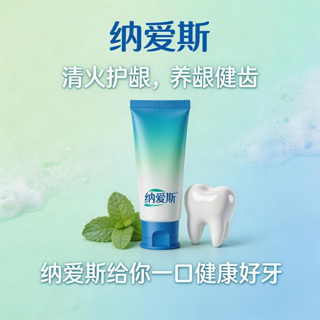 纳爱斯养龈健齿牙膏清火护龈主推款创意包装图形设计，契合年轻群体审美，清新治愈风格，包含牙膏产品图形和广告语"清火护龈，养龈健齿，纳爱斯给你一口健康好牙"，创意新颖，视觉冲击力强，驱动购买欲预览效果