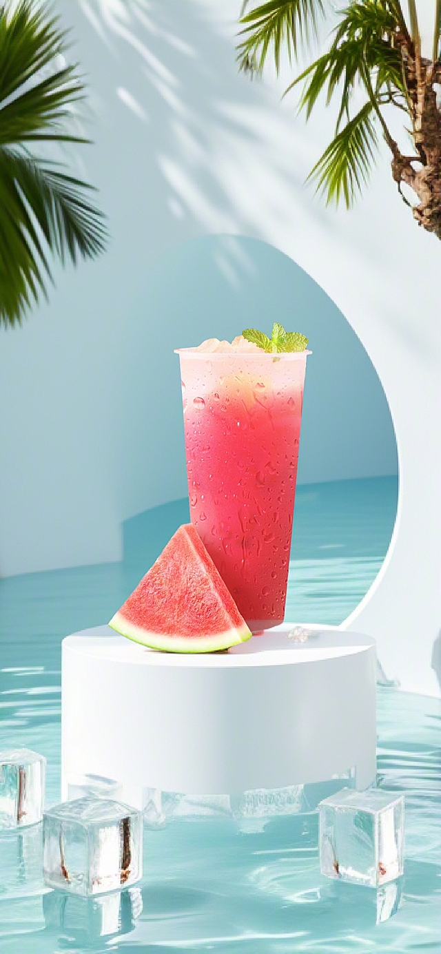 清爽西瓜饮品，3D轻拟物风设计，简约玻璃质感，夏日清新感十足。