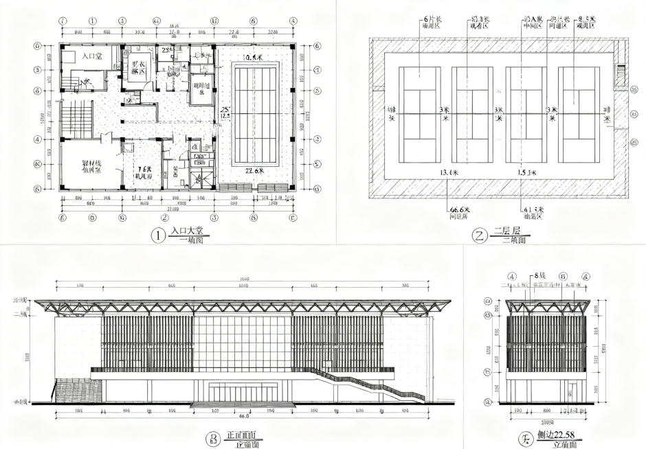 两层文体健身馆的建筑施工图纸，包含带轴线和详细尺寸标注的一层平面图（一层含6米入口大堂、8米更衣淋浴区、29米泳池区（泳池尺寸25米×12.5米，池周走道1.5米）、7.6米设备机房、4米器材值班室，预览效果