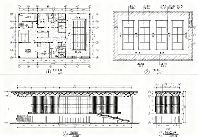 两层文体健身馆的建筑施工图纸，包含带轴线和详细尺寸标注的一层平面图（一层含6米入口大堂、8米更衣淋浴区、29米泳池区（泳池尺寸25米×12.5米，池周走道1.5米）、7.6米设备机房、4米器材值班室，总尺寸66.6米×22.58米）、带轴线标注的二层平面图（二层有6片标准双打羽毛球场，2排3片布局，沿A轴通长3米观看区，中间2米主通道，单片场地尺寸13.4米×6.1米，场间距1米，边距安全距1.5米）、带轴线和标高的正立面图（长边66.6米，一层4.5米高采用玻璃幕墙，二层8米高采用采光百叶，总建筑高度12.5米）和侧立面图（短边22.58米，标注各层标高），整体为框架结构，图纸线条清晰，标注规范，专业建筑制图风格