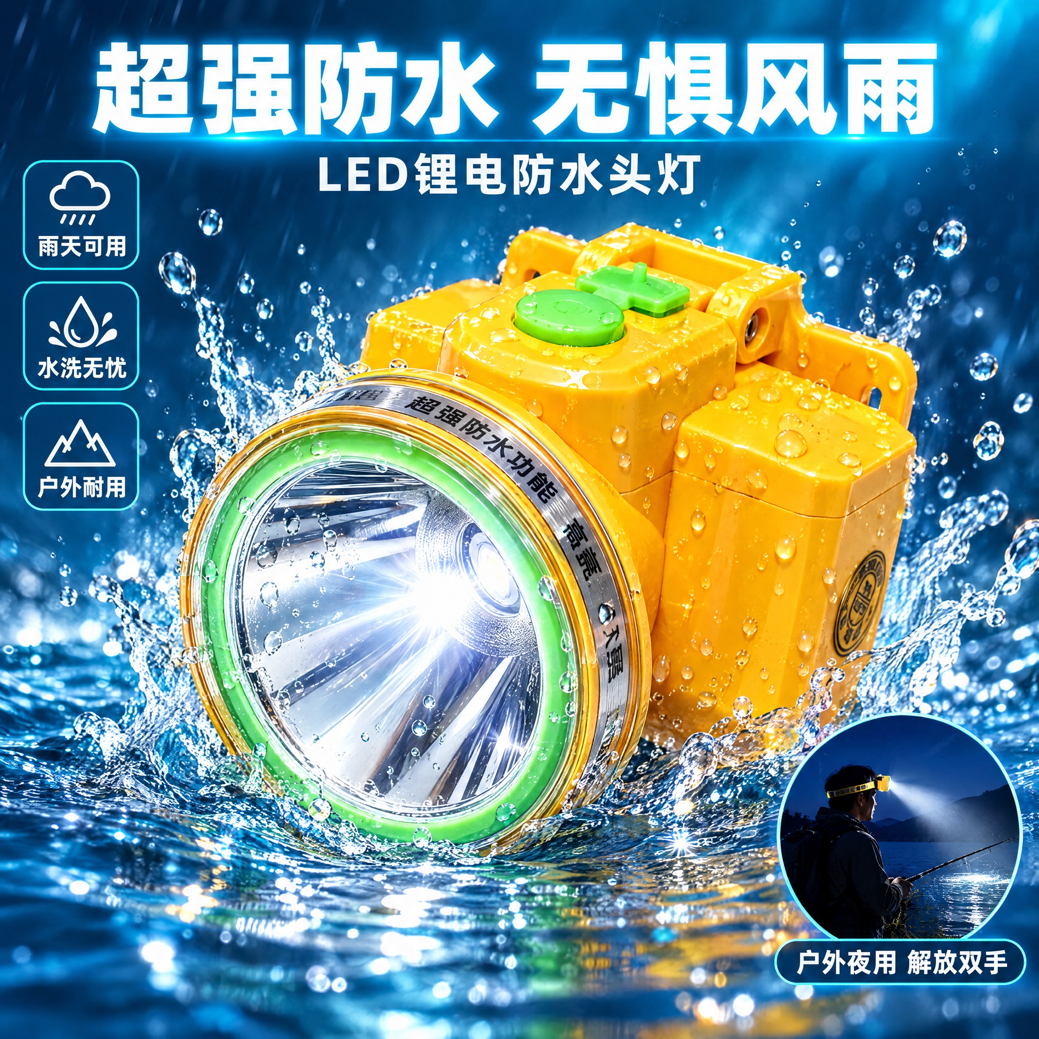 [主图-3] LED锂电防水头灯 超强防水性能与户外使用场景展… - 图片创意预览
