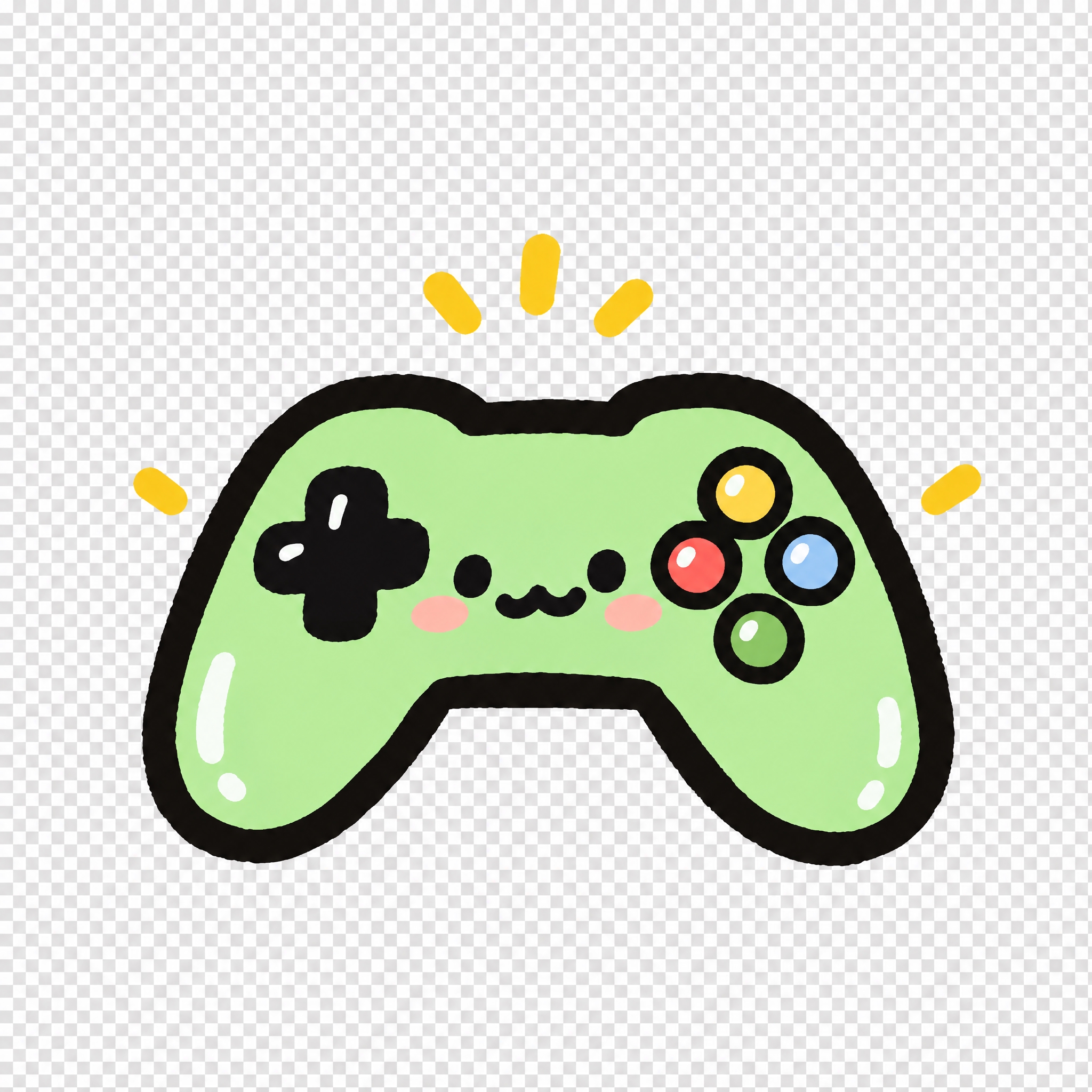 透明背景PNG，Q版绿色游戏手柄图标，粗黑轮廓线，简约可爱风格… - 图片创意预览