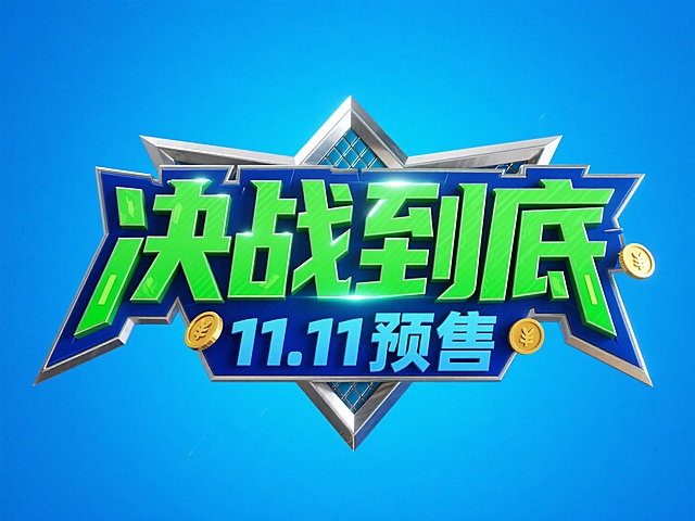 3D尖锐的字体设计，绿色“决战到底”，小字“11.11预售”横向排列，对称居中构图，融入金币元素，蓝色背景