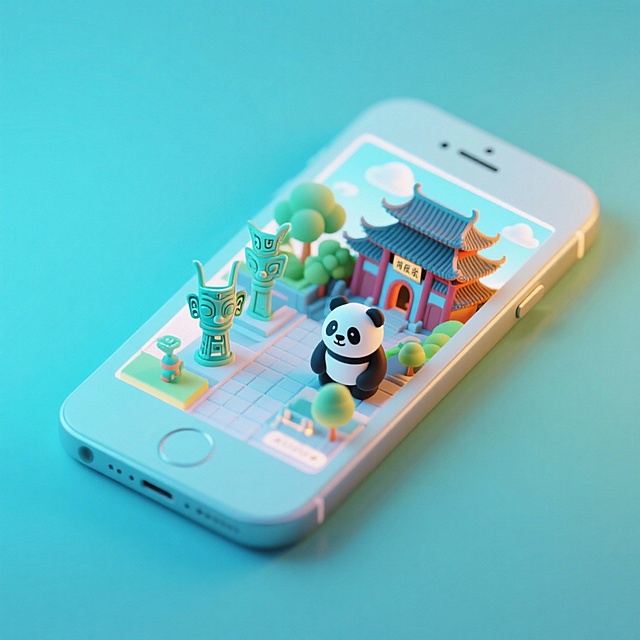 软3D风格的微缩艺术场景，熊猫与国风建筑萌趣互动，清新柔和色调营造舒适可爱氛围，融合卡通感与国潮元素。