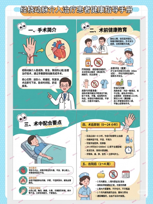 延续上一张图片的排版风格，制作一份经桡动脉介入治疗（手腕路径）患者健康宣教指导手册，四格图文排版，标题为"经桡动脉介入治疗患者健康指导手册"，风格为医疗科普卡通风格，配色清新，内容包含以下完整文字：一预览效果