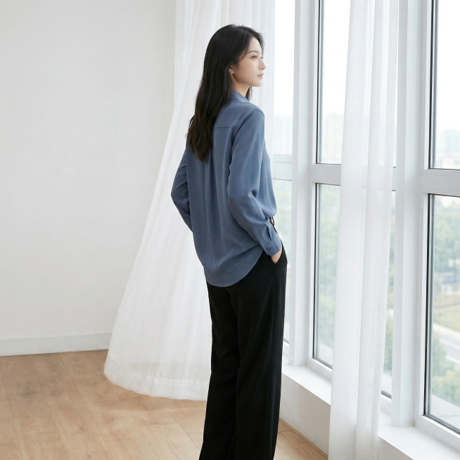 提取并生成右上方第三张蓝色衬衫女装图，保留原图内容，保持清晰画质预览效果