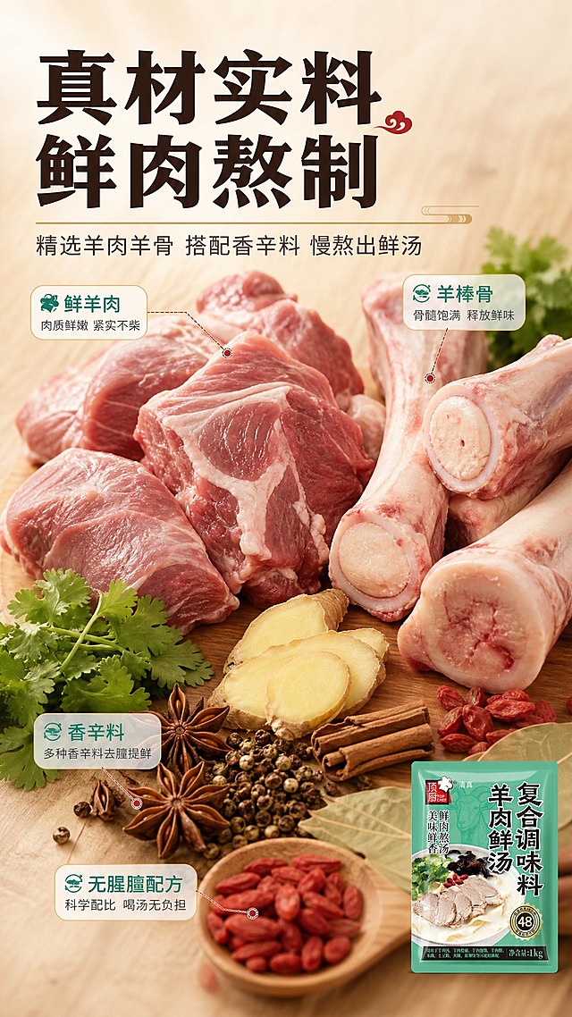 [商品] 本页为成分/原料专张，产品包装仅作辅助露出在画面右下角，占画面约15%；使用【图1】包装图，保留外观、Logo和文字，缩小放置不抢主体。
[画面] 目标：突出真材实料，鲜肉熬制不是勾兑。构图：原料平铺满版型，画面主体是大尺寸新鲜羊肉块、羊棒骨、姜片、八角、桂皮、香叶、枸杞、香菜等香辛料和食材，俯拍平铺在浅木色案板上，食材新鲜有光泽，羊肉纹理清晰，羊骨带髓；原料主视觉占画面约70%，右下角露出一小袋产品包装作为品牌背书；至少3层视觉层次：前景散落香料、中景主料羊肉羊骨、背景虚化案板纹理。
[视觉] 套系策略：风格=中式家常烟火气商业美食摄影；标题字=粗黑体带轻微宋体衬线，稳重有食欲；正文字=简洁无衬线中黑体；主色=青绿色（取自包装）+奶白汤底色；背景延展=暖米白到浅棕的渐变，带细腻纸张/木纹质感；强调色=枸杞红，仅用于小面积图标、引线和重点词高亮；标题色=深炭褐；正文色=中暖灰；组件=圆角浅底信息卡、细线引线、中式纹样小点缀；光影=顶部暖柔光，食材有自然阴影和高光。
[文字] 左上区域主标题"真材实料 鲜肉熬制"，副标题"精选羊肉羊骨 搭配香辛料 慢熬出鲜汤"，配3-4个原料标签引线指向对应食材："鲜羊肉""羊棒骨""香辛料""无腥膻配方"；文字横向排版，字号手机端可读，不遮挡主要食材。
[规格] 图片比例9:16竖版，4K，负向提示：避免原料不新鲜、包装占比过大、冷色调、虚假成分承诺、绝对化用语、蚂蚁字、竖排文字。