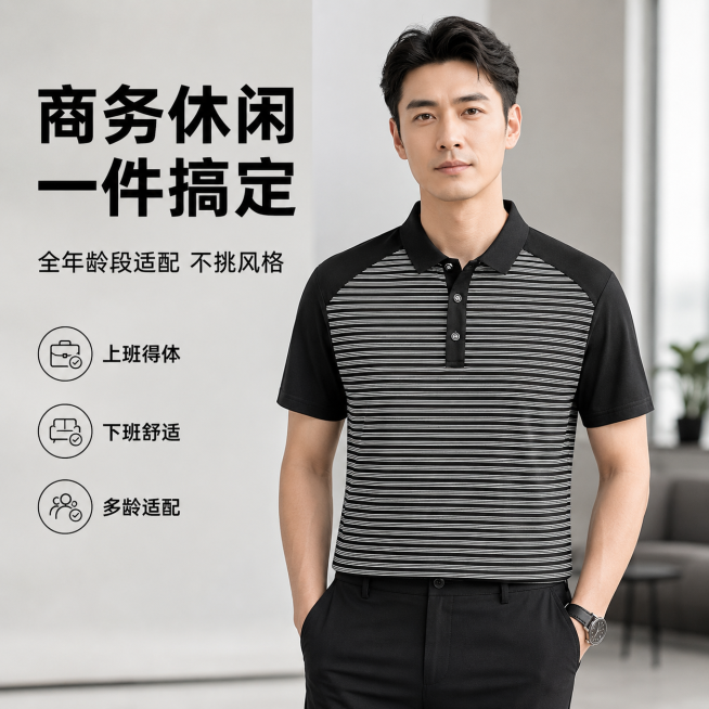 [单张主图] 男士黑白条纹拼色POLO衫，高级氛围感主图，展示商务休闲穿搭。
[画面主体] 35周岁亚洲男士模特，半身穿搭展示，模特穿着图中的黑白条纹拼色短袖POLO衫，保持POLO衫的外观、物理结构预览效果