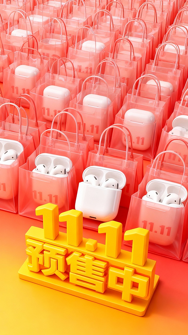 大量浅红色半透明购物袋整齐排列，每个购物袋内都放着重复相同的图中主体，每个袋子上印有醒目的 “11.11”，俯视，背景明亮的渐变色，热闹的促销氛围，下方为黄色3D大字立牌“11.11 预售中”。