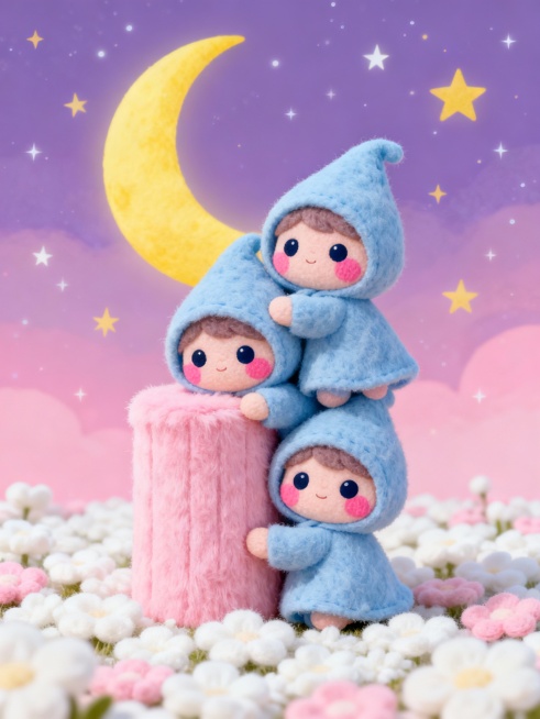 三个穿着天蓝色毛绒连帽斗篷的小精灵玩偶，脸颊带着粉嫩红晕，睁着圆溜溜的大眼睛，叠罗汉般依偎在粉色毛绒柱子旁，背景是渐变粉紫色夜空，点缀着黄色弯月和闪烁星星，地面铺满白色与浅粉色毛绒花朵，整体呈现柔软可爱的毛绒布艺质感，营造温馨梦幻的童话氛围。预览效果