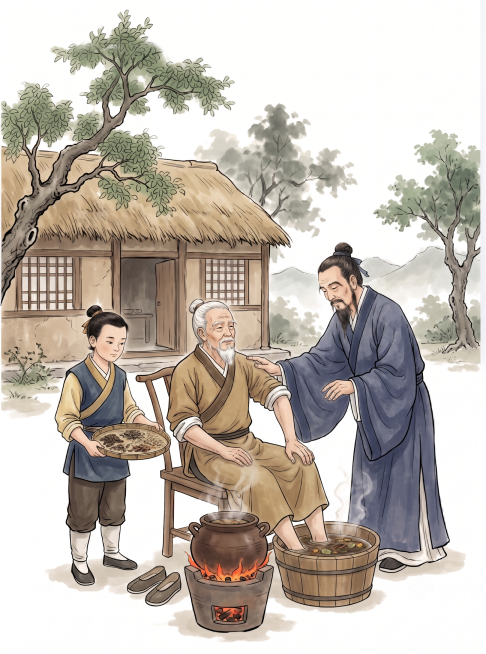 修改画面，将坐着的老人原来手臂上药的动作改为双脚放在药桶里泡脚，保持原图的国画古风水墨风格，保留茅草屋、大树、小男孩、煎药的炉子和旁边医师这些元素不变预览效果