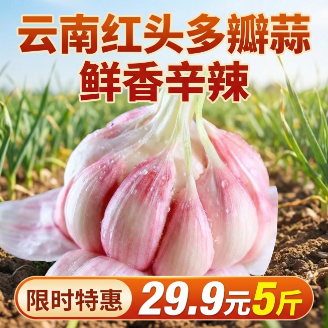 云南红头多瓣蒜电商主图，新鲜带水珠的红头多瓣蒜为主体，画面上方添加醒目文字"云南红头多瓣蒜 鲜香辛辣"，底部添加促销信息"限时特惠 29.9元5斤"，背景为清新田园风，整体风格明亮自然，突出大蒜新鲜品预览效果