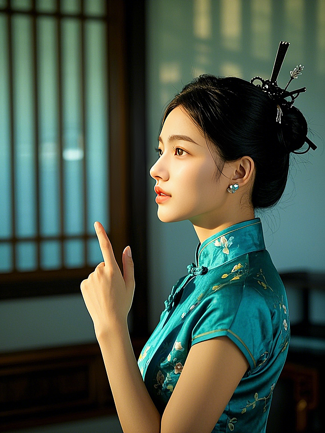 一个女生，工作形象照，青色旗袍，黑色发簪，新中式