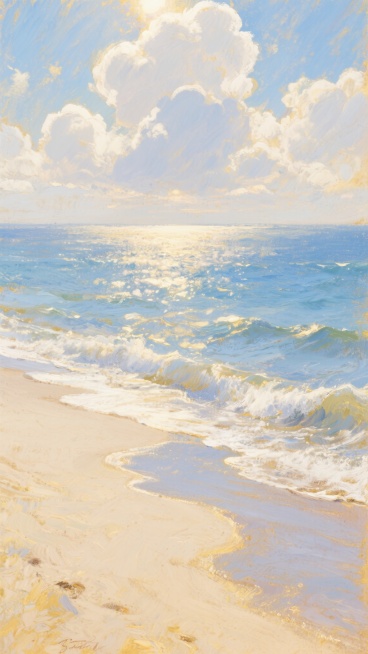 印象派风格海滩风景画，温暖的金黄色调，笔触厚重而富有动感，波光粼粼的蓝色海面与米白色沙滩相接，远处海天一线，天空中漂浮着蓬松的白色云朵，阳光透过云层洒下柔和的光晕，海浪轻轻拍打着沙滩，营造出宁静而浪漫的氛围，充满夏日的活力与惬意。预览效果