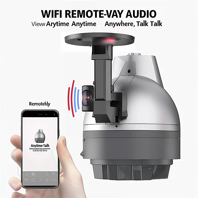 1:1 square composition, cross-border e-commerce details page usage experience module diagram, 1:1 accurately restore the provided metal gray gun-ball integrated dual-lens outdoor WiFi surveillance camera (dual high-gain antenna, red and blue alarm light, dual-lens fill light, waterproof body are completely consistent), product on the right side of the screen, left side is a hand holding a smart phone, the phone screen displays iCSEE APP interface, real-time view of dual-lens monitoring screen, superimposed two-way voice intercom sound wave icon, WiFi connection icon, arrow for remote control pan-tilt, large title "WIFI REMOTE & TWO-WAY AUDIO", small text "View Anytime Anywhere, Talk Remotely", warm daily life scene, bright and transparent, 100% restoration of product details, real light and shadow, 8K ultra HD, no watermark, no extra elements --ar 1:1 --style raw --v 6.0 --q 2