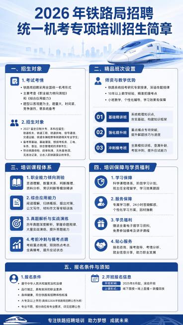 基于当前海报，修正所有文字错误，将全部文字替换为用户提供的一字不差的正确标准文案：
顶部大标题保持「2026 年铁路局招聘统一机考专项培训招生简章」
左上模块「一、招生对象」：
1.考试考情：
铁路局预览效果