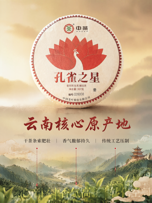 [主图-2] 中茶孔雀之星普洱生茶核心卖点展示图，国潮风格。
[氛围风格] 传统国潮产地溯源风格，营造云南茶山氛围
[画质] 商业摄影质感、光线柔和通透、产品清晰真实、画面干净高级
[元素] 保持原茶预览效果