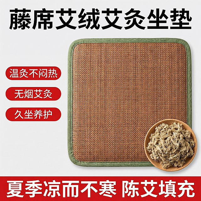 [主图 1] 藤席艾绒坐垫首图重新生成
[氛围/风格] 拼多多高性价比促销风格，明亮自然光，更有吸引力。
[画面元素] 藤席艾绒坐垫居中放置，背景替换为干净浅灰色，主体放大展示，保留原产品外观结构和颜色，艾绒碗放在坐垫右下角，整体构图饱满，无边框。
[配色色系] 保留产品原棕黄色藤席+青绿色包边，背景浅灰，红色卖点标签更醒目。
[视角构图] 俯视正拍，主体突出。
[文字版式] 顶部大标题 "藤席艾绒艾灸坐垫" 加粗黑色大字；左侧三个竖排红色圆角胶囊卖点：【温灸不闷热】【无烟艾灸】【久坐养护】，红字白底；底部红底白字通栏 "夏季凉而不寒 陈艾填充"，对比强烈，卖点清晰不遮挡主体。
[比例分辨率] 1:1 比例，2k 分辨率
