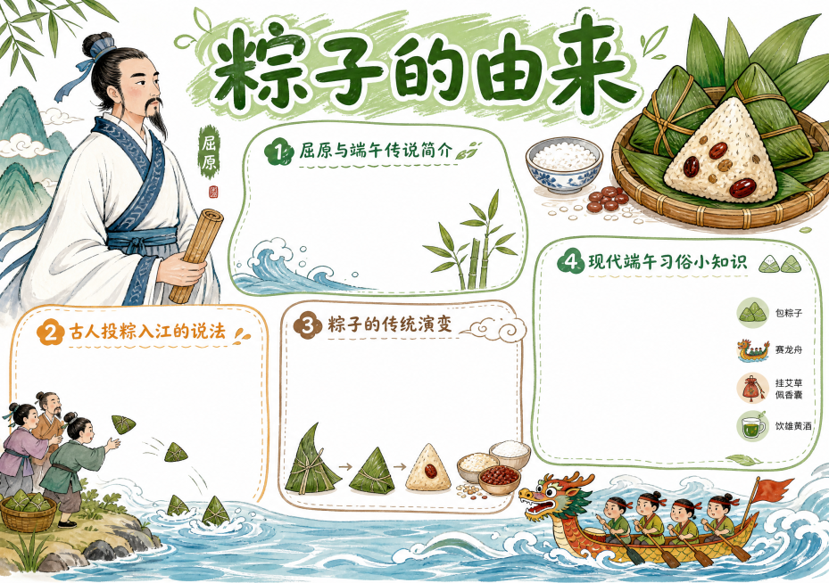 粽子的由来主题科普图文，横版排版，马克笔手绘风格，白底背景，包含介绍文字板块，搭配屈原和粽子相关手绘元素预览效果