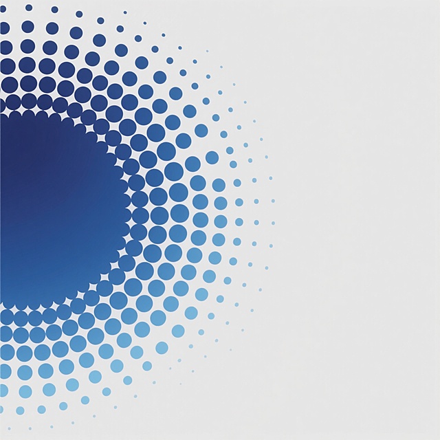 白色背景，科技感，几何渐变图案，左下角由深蓝到浅蓝的圆形点阵渐变，点阵大小均匀，排列整齐，呈现出科技感的韵律感和层次感，整体简洁大方，具有现代设计感。