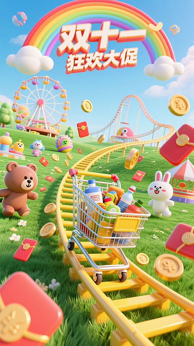 主视觉为装满日用品的购物车在黄色过山车轨道上快速滑行，背景包含绿色草地，摩天轮 娱乐设施。草地上拟人化的小熊 兔子等小动物。很多红包和金币在购物车旁呈放射性从远处向屏幕前来。上方彩虹拱门 立体主标题双十一 副标题狂欢大促