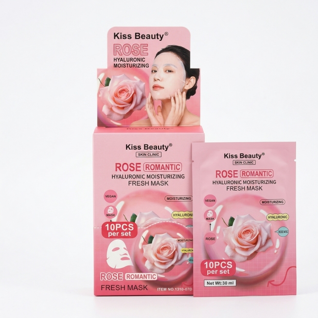 基于参考图生成Kiss Beauty玫瑰保湿面膜的主图白底图，使用纯白色背景，仅展示产品包装本身，所有文字改为英文，标注"10PCS per set"，商品居中展示，清晰干净，适合电商搜索结果展示预览效果