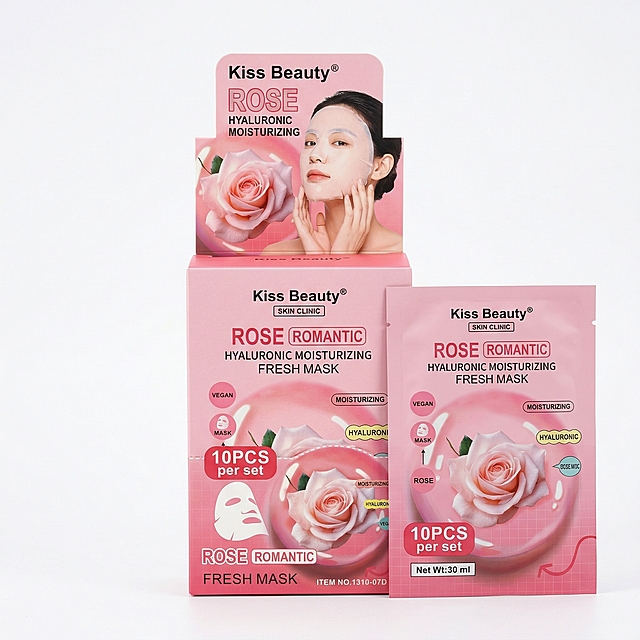 基于参考图生成Kiss Beauty玫瑰保湿面膜的主图白底图，使用纯白色背景，仅展示产品包装本身，所有文字改为英文，标注"10PCS per set"，商品居中展示，清晰干净，适合电商搜索结果展示