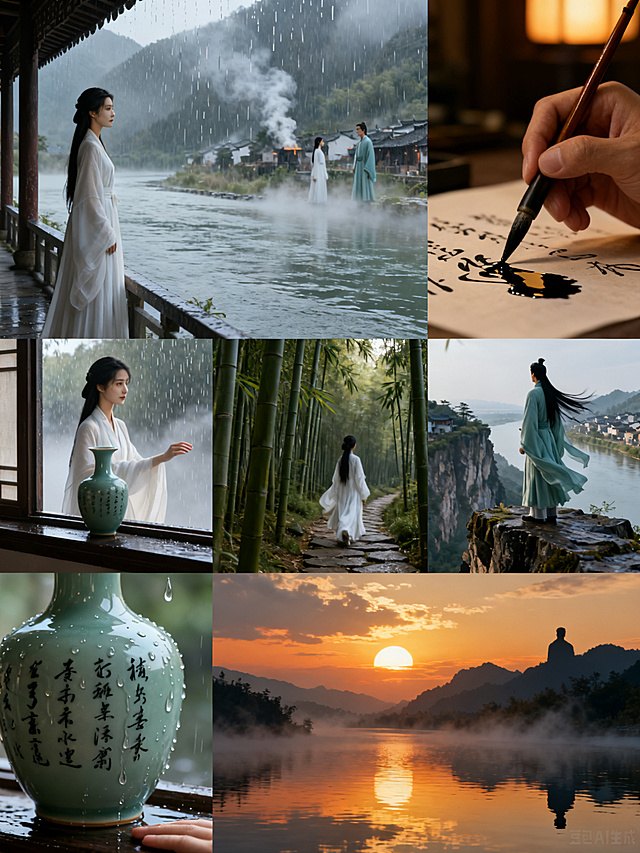 3x3 grid storyboard with 9 vertical frames, each frame is 9:16 aspect ratio, no text in any frame, cinematic Chinese ancient romance aesthetic, misty ink-wash atmosphere, documentary photography style, soft natural light, muted cyan and grey color palette, highly detailed, 8k resolution

Frame 1 (top-left): long shot slow push-in, mountain lakeside with thin mist drifting over the lake surface, hazy sky-blue drizzle falling gently, a woman in plain white ancient hanfu standing in profile by a riverside corridor, gazing into the distance over the water, her hair softly blown by moist breeze, camera slowly pushing toward her side profile, quiet restrained emotion, abundant negative space, atmospheric misty landscape

Frame 2 (top-middle): wide horizontal panning shot across a broad river, river water covered in greenish mist, ancient village on the opposite bank with cooking smoke slowly rising, hazy water vapor separating the two banks, a man and a woman gazing at each other from far apart across the vast river, camera blurs the river mist to create a sense of immense distance and ethereal separation

Frame 3 (top-right): macro close-up slow motion shot, dim warm soft lighting indoors, a craftsman's slender elegant hand holding a wolf-hair calligraphy brush, celadon porcelain bottle with ink spreading on its bottom surface, brush tip smoothly writing Han clerical script characters, ink lines flowing and elegant, ink slowly bleeding into the porcelain surface, camera following closely along the brush tip, exquisite delicate details, premium artistic feel

Frame 4 (middle-left): medium close-up slow fade-out, final stroke of the calligraphy brush completed, camera slowly rising upward, celadon porcelain ornament placed by a window, misty rain still falling outside the window, the woman reaching out to gently touch the cool bottle surface, her eyes soft as she gazes into the distance, frame gradually dissolves into pale cyan water mist, slowly darkening at the edges, leaving a sense of fated encounter foreshadowing

Frame 5 (middle-center): medium shot, the woman in white hanfu walking slowly along a stone path in bamboo forest, mist weaving through bamboo stalks, her robe flowing gently, back view partially turned, ethereal graceful movement, dappled light filtering through bamboo leaves

Frame 6 (middle-right): over-the-shoulder shot from behind the man in pale cyan ancient robes, standing on a cliff edge overlooking the same distant river and village, wind blowing his long black hair and robe sleeves, his gaze fixed on the far shore where the woman stands, vast mountainous landscape stretching below

Frame 7 (bottom-left): extreme close-up of the celadon bottle's surface, completed calligraphy characters visible, a single drop of water slowly sliding down the curved porcelain, reflecting the blurred window and rainy scenery outside, shallow depth of field, poetic stillness

Frame 8 (bottom-middle): wide establishing shot at twilight, both figures visible on opposite sides of the river as tiny silhouettes against the vast misty mountain landscape, golden sunset glow breaking through clouds, painting the mist in warm amber and cool cyan tones, sense of longing and destiny

Frame 9 (bottom-right): slow dissolve final frame, the woman's hand resting on the celadon bottle, her reflection faintly visible in the polished porcelain surface overlapping with the distant silhouette of the man, surrounded by swirling pale mist, dreamlike ethereal quality, open-ended contemplative ending, no text anywhere
