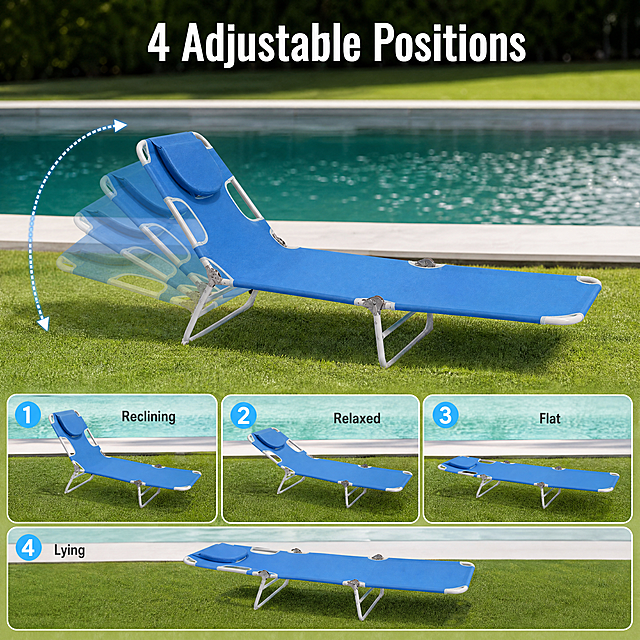 [Main Image 2] Portable Folding Lounge Chair 4-position adjustable function display. The lounge chair is placed on the poolside lawn, with arrows to clearly indicate the adjustment direction of the backrest, showing the change from reclining to flat. Keep the product appearance (physical structure, material texture, color) absolutely consistent with the input product image, eliminate any deformation and chromatic aberration, fine processing. [Atmosphere style] Clean functional display style, professional outdoor product photography. [Picture quality] Commercial photography texture, soft and transparent light, clear and real product, clean and advanced picture. [Light and shadow] Natural soft light, clear contrast, highlighting the adjustment structure of the product. [Color matching] Main color is product blue, background is pool water green and lawn green, fresh contrast. [Perspective composition] 7:3 composition, the upper part shows the overall adjustment of the product, the bottom adds three small picture-in-picture boxes, showing the three key adjustment gears respectively. Full screen without border. [Text layout] All text in English, no Chinese. Core title at the top: "4 Adjustable Positions", bold large characters, prominent. In the picture-in-picture at the bottom, each box is labeled with gear description: "Reclining | Relaxed | Flat | Lying", text clear, using light circle label design. The text does not block the product subject, in line with Amazon aesthetic. [Proportion resolution] 1:1 proportion, 4K resolution, super high definition. [Negative prompt] Deformation, watermark, text disorder, blurred product picture, messy background, Chinese characters, exaggerated宣传words.