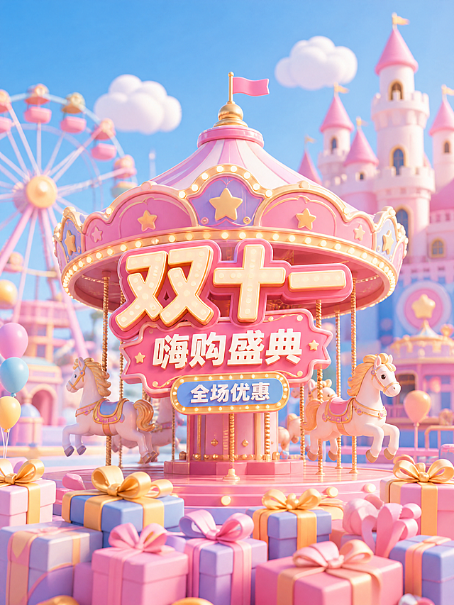 3D渲染风格，双11电商促销海报，参考图的马卡龙粉蓝游乐场氛围感，整体采用3:4画面比例，主标题文字为"双十一"，副标题文字为"嗨购盛典"，装饰文字为"全场优惠"，构图改为前景礼物盒堆放在底部，主标题放置旋转木马中心，背景保留城堡云朵，色彩柔和明快，版式精美，画面干净，无多余侵权元素