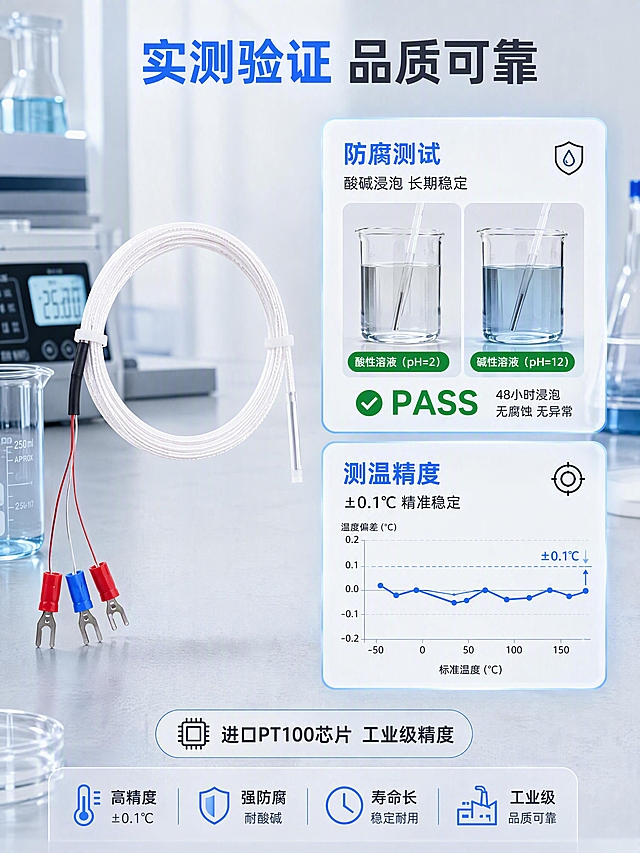 [第5张] 功能实测页-防腐性能与测温精度验证。本张使用【图2】作为产品主体。
[氛围/风格] 工业实验风，实验室场景，数据可视化，专业可信。
[元素布局] 产品置于画面左侧，竖直展示全貌，占比约30%；右侧上下两个测试数据卡片：上方为防腐测试示意图（酸碱溶液浸泡场景），下方为测温精度曲线图；背景为浅灰色实验室台面质感，有烧杯、仪表等实验元素装饰；产品结构与输入图一致。
[光影质感] 实验室冷白光照明，均匀明亮，数据卡片有轻微发光效果，整体清晰专业。
[配色色系] 全局底色 #F0F4F8 浅灰蓝；主色白色产品和卡片；辅助色 #1E90FF 蓝色数据曲线和标题；点缀色绿色通过标识。
[视角构图] 左右构图，左产品右数据，阅读动线从左到右。
[文字版式] 顶部主标题「实测验证 品质可靠」；右上卡片标题「防腐测试」，配文「酸碱浸泡 长期稳定」，绿色「PASS」标识；右下卡片标题「测温精度」，配文「±0.1℃ 精准稳定」，蓝色精度曲线图；底部说明文字「进口PT100芯片 工业级精度」；字体为工业黑体，数据突出。
[比例分辨率] 3:4 竖版比例，4K 分辨率，文字清晰可辨，高清画质。
[负向提示词] 产品变形，缺件错件，结构错误，颜色偏差，水印，文字错乱，文字过小，产品图模糊。