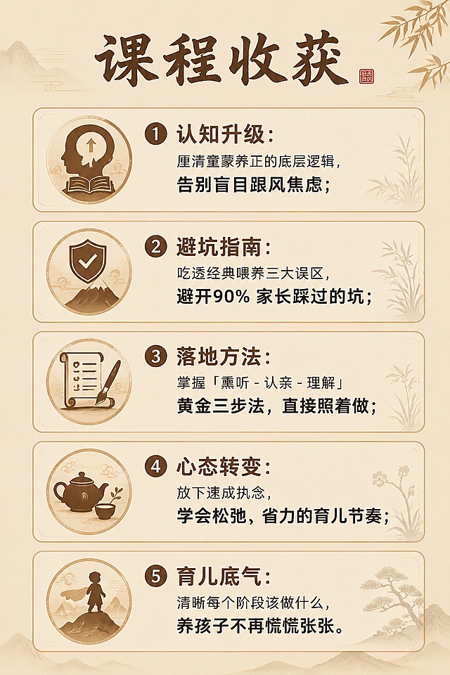 生成一套国风课程详情页，整体风格参考「图片1」「图片1」。要包含以下内容：一、主图页（首屏 Banner）
主标题：黄金三步法 —— 教你避开误区，找到正养之路
副标题：3 天直播系统课・0-7 岁童蒙正养方案
核心 slogan：不用逼、不用催，用最省力的方式，给孩子扎下精神的根
落款：石头妈妈 亲授
二、痛点页
【痛点共鸣】
你是不是也陷入了这样的育儿困境：
囤了一堆国学机、经典绘本、启蒙音频，孩子根本不买账
逼着孩子听经典、认字、背古文，越逼孩子越反感、越抗拒
跟风试了无数方法，越努力越心慌，不知道做的到底对不对
别人说什么好就塞给孩子什么，育儿像打仗，满身狼狈
【真相点破】
你深爱孩子，却用错了方式
90% 的经典喂养问题，从来不是孩子不配合
而是你踩中了「顺序错、方法错」的致命误区
真正的童蒙养正，不是填鸭灌输，不是速成攀比
是顺着孩子的成长节奏，走对三步，轻松扎根
【方案引出】
石头妈妈结合传统文化智慧与儿童发展规律
带来「黄金三步法」正养体系
帮你告别慌乱育儿，走对 0-7 岁精神喂养的每一步
三、金句页
真正的正养，从来不是父母 “教” 出来的，是孩子自己 “长” 出来的。
熏听的核心心法：只问耕耘，不问收获。
声音里的经典，比文字里的经典，先进入孩子的生命。
做父母，最大的美德是耐心。
四、讲师介绍
主讲人：石头妈妈
双硕士 / 高校教师
作家 / 资深童书创作者
童蒙正养理念践行者
曾任资深记者、编辑
深耕传统文化与儿童成长教育融合领域，出版诗集、小说集、儿童绘本多部作品。以自身育儿实践与专业学术背景为基础，拆解经典喂养的底层逻辑，打造可落地、不焦虑的家庭正养方法，帮助家长走出育儿慌乱。
五、课程内容
Day1 我们深爱孩子，却满脸狼狈 —— 当代父母的 “用力过猛”
拆解当代家长的焦虑根源：为什么越努力，心里越没底？
戳破速成思维陷阱：我们是如何把育儿变成 “打仗” 的
童蒙养正的本质：“养” 不是硬掰，是静待生长的智慧
核心认知：0-7 岁孩子靠 “吸收” 学习，而非 “理解”
Day2 三大喂养误区，你中了几个？
误区一：把 “熏听” 变 “填鸭”，用监督毁掉孩子的兴趣
误区二：跳过熏听急着认字，提前消耗孩子的学习热情
误区三：过早解释经典，用二手道理毁掉原生美感
误区本质：你的 “急”，正在打乱孩子的成长节奏
Day3 黄金三步法 —— 最省力的正养之路
第一步「熏听」：把经典当空气，0 岁启动的正确操作
第二步「认亲」：水到渠成认字，让文字和孩子 “做朋友”
第三步「理解」：不愤不启不悱不发，等孩子主动来问
落地心法：松弛育儿，相信声音与时间的力量
六、你的收获
学完这 3 天，你将获得：
认知升级：厘清童蒙养正的底层逻辑，告别盲目跟风焦虑
避坑指南：吃透经典喂养三大误区，避开 90% 家长踩过的坑
落地方法：掌握「熏听 - 认亲 - 理解」黄金三步法，直接照着做
心态转变：放下速成执念，学会松弛、省力的育儿节奏
育儿底气：清晰每个阶段该做什么，养孩子不再慌慌张张
七、适学人群
家有 0-7 岁孩子，想做经典启蒙却无从下手的家长
试过很多喂养方法，孩子不配合、越养越累的爸妈
囤了大量国学工具，却看不到效果、越养越慌的家长
认同童蒙养正理念，想给孩子打精神底色的家庭
备孕、孕期，想提前规划孩子早期精神喂养的准爸妈
八、课程包含
石头妈妈亲授 3 天直播正课，全程拆解正养逻辑与落地方法
专属高清录播回放，支持反复回看，随时巩固学习
一套完整可落地的「黄金三步法」正养体系，适配 0-7 岁全阶段
九、课程须知
如何上课：购买成功后自动开通课程权限，按课表参与直播，录播可随时回看
课程有效期：课程回放有效期 3 年，期间可不限次数反复学习
退款说明：课程为虚拟知识服务内容，一经订阅开通，不支持退款，请您谅解
十、底部报名栏
主按钮文案：立即报名
辅助文案：
解锁孩子的正养成长之路
3 节直播系统课
仅需 299 元
走对每一步，育儿不慌乱