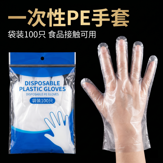 [主图 1] 一次性PE手套抖音商品卡首图。
[氛围风格] 强视觉冲击简洁抖音风，清晰吸睛。
[画质] 商业摄影质感、光线柔和通透、产品清晰真实、画面干净高级。保持一次性PE手套包装和材质（透明压纹P预览效果