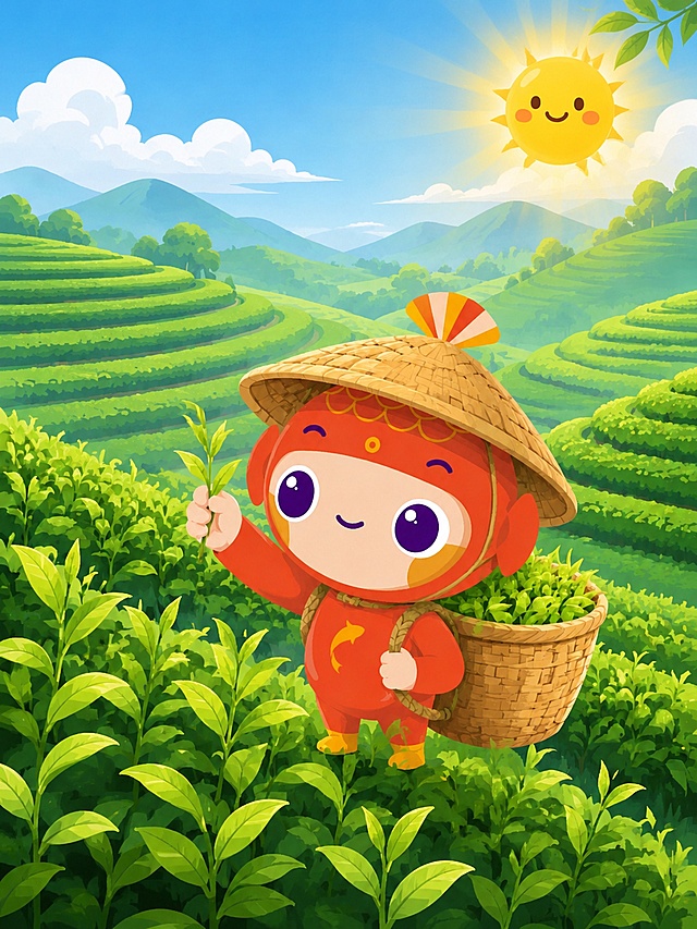 在这张茶园采茶吉祥物图的天空区域，添加一个明亮可爱的卡通太阳，太阳带着微笑的表情，发出温暖的光芒，位于画面右上角天空位置。太阳风格与整体扁平插画风格一致，颜色为金黄色，阳光射线柔和。保持画面其他内容不变，吉祥物和茶园场景完整保留。整体氛围更加阳光明媚、温暖治愈。