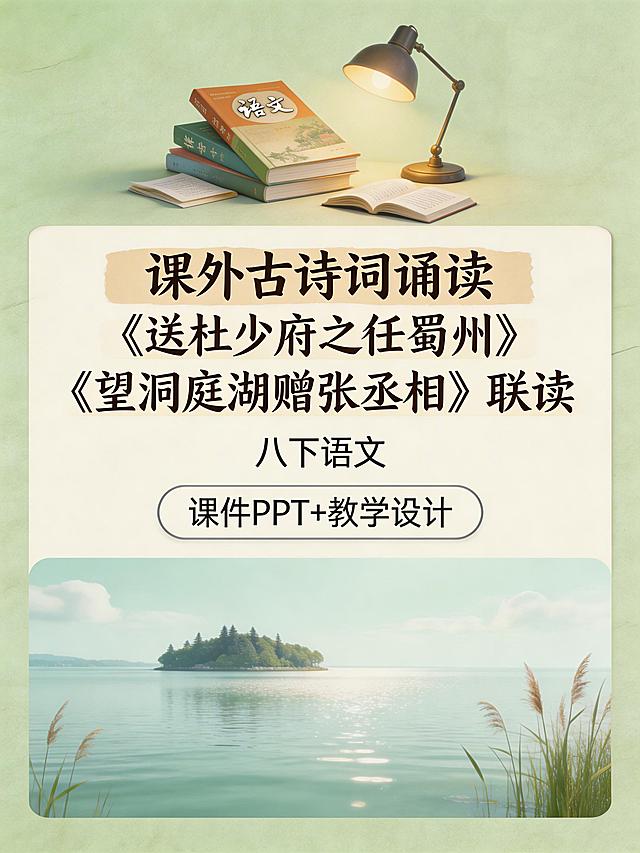 上区占1/8，呈现充满书卷气的初中语文课堂意境，有堆叠的书籍和台灯；中区占3/8为视觉焦点，有独立浅米色背景，第一行是色框填充的复古手写字体"课外古诗词诵读《送杜少府之任蜀州》《望洞庭湖赠张丞相》联读"，第二行是每个文字居中排布的"八下语文"，第三行是圆角矩形框的"课件PPT+教学设计"；下区占4/8，呈现《望洞庭湖赠张丞相》的洞庭湖水意境图，整体清新浅色风格，带有纸张纹理和轻微阴影，3D渲染，上-中-下分区构图，背景为淡绿色
