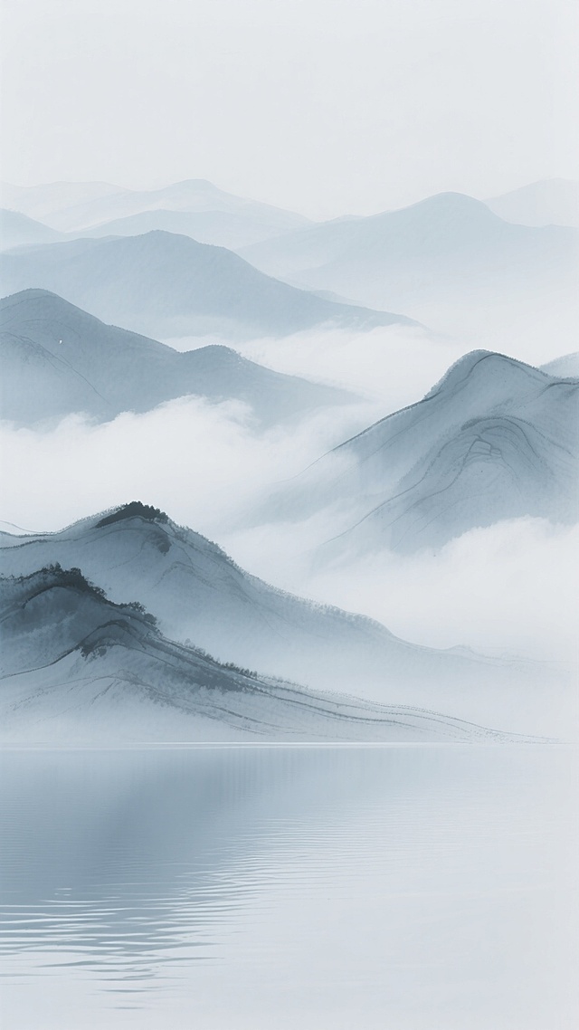 极简中国风水墨山水画，画面以浅灰蓝色为主色调，呈现出宁静悠远的氛围。近处描绘平滑如镜的水面，泛着淡淡的光泽，水纹细腻柔和；中景是层层叠叠、轮廓朦胧的远山，山脉线条流畅舒缓，形态各异，以水墨晕染的技法表现出层次感和空间感；山间弥漫着轻盈的白色云雾，似轻纱般缭绕在山峰之间，增添了画面的空灵与神秘。整体构图采用竖版全景式布局，上中下分别为天空、山峦和水面，比例协调，留白恰到好处，营造出简洁、淡雅、意境深远的东方美学韵味，色彩过渡自然柔和，光影朦胧，笔触具有水墨特有的流动性和晕染质感。