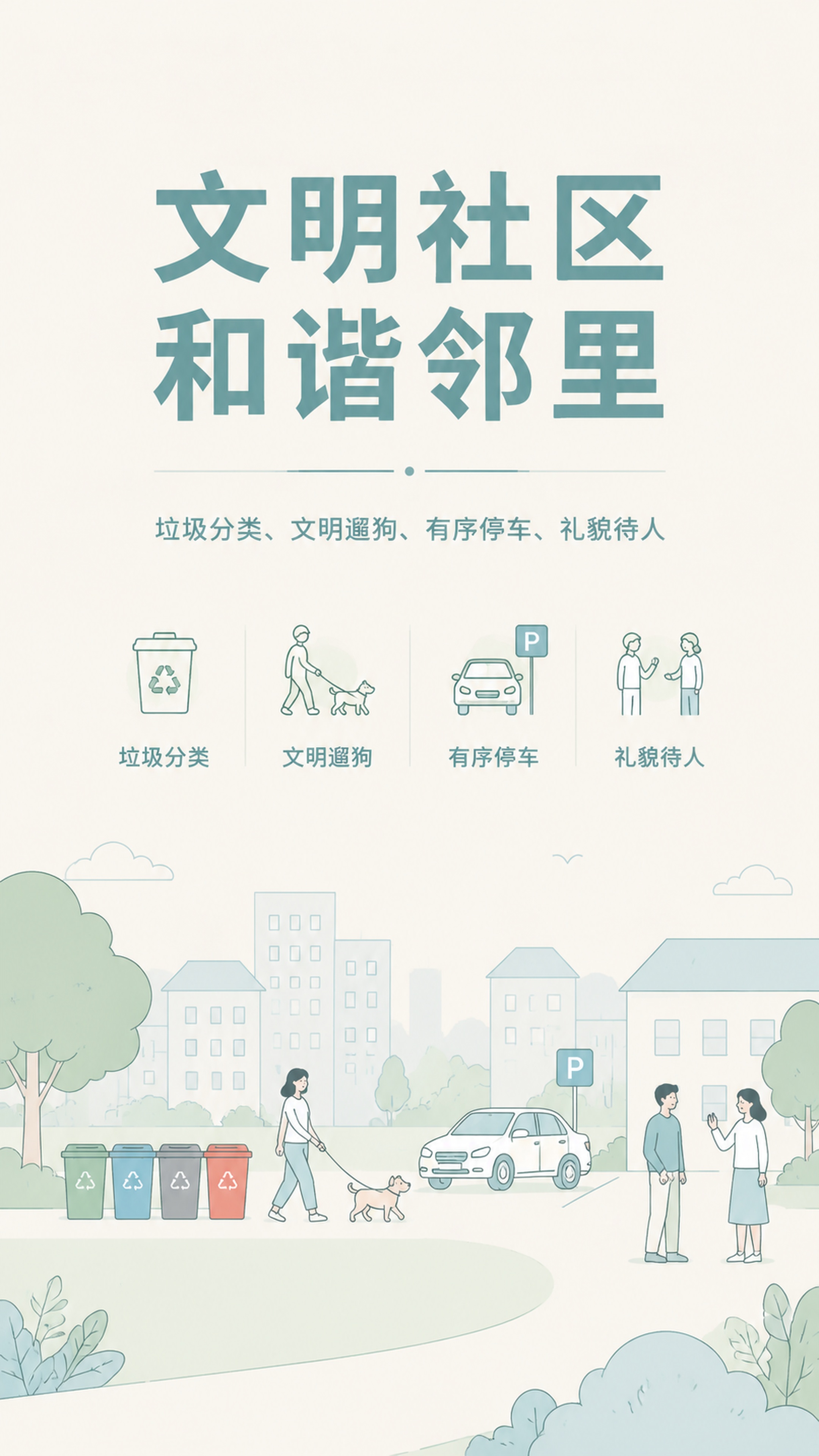 政务宣传海报，社区文明城市主题，风格简约干净，浅青米色柔和配色… - 图片创意预览