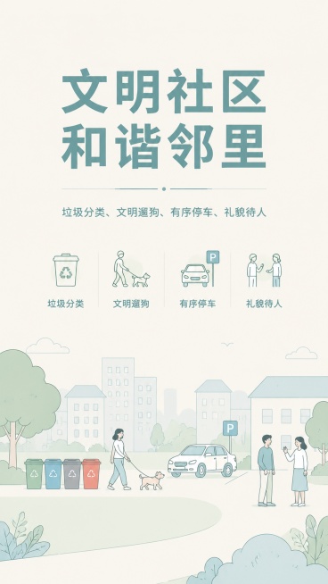 政务宣传海报，社区文明城市主题，风格简约干净，浅青米色柔和配色，无花哨网红元素，排版规整，留白充足，正式亲民，适合社区宣传栏，高清商用，无多余装饰，使用线条简约插画。画面中大字标题是"文明社区 和谐邻预览效果