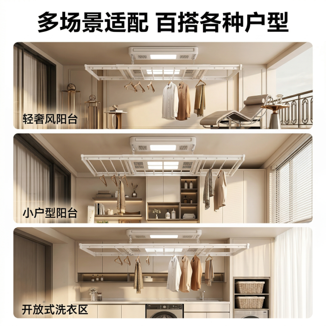 基于提供的电动晾衣架原图，生成舒适简约、家居温馨风格的抖音平台1:1主图，画面为三宫格拼图，分别展示晾衣架安装在轻奢风阳台、小户型阳台、开放式洗衣区的适配效果，所有场景光影统一为暖调自然光。顶部居中悬预览效果
