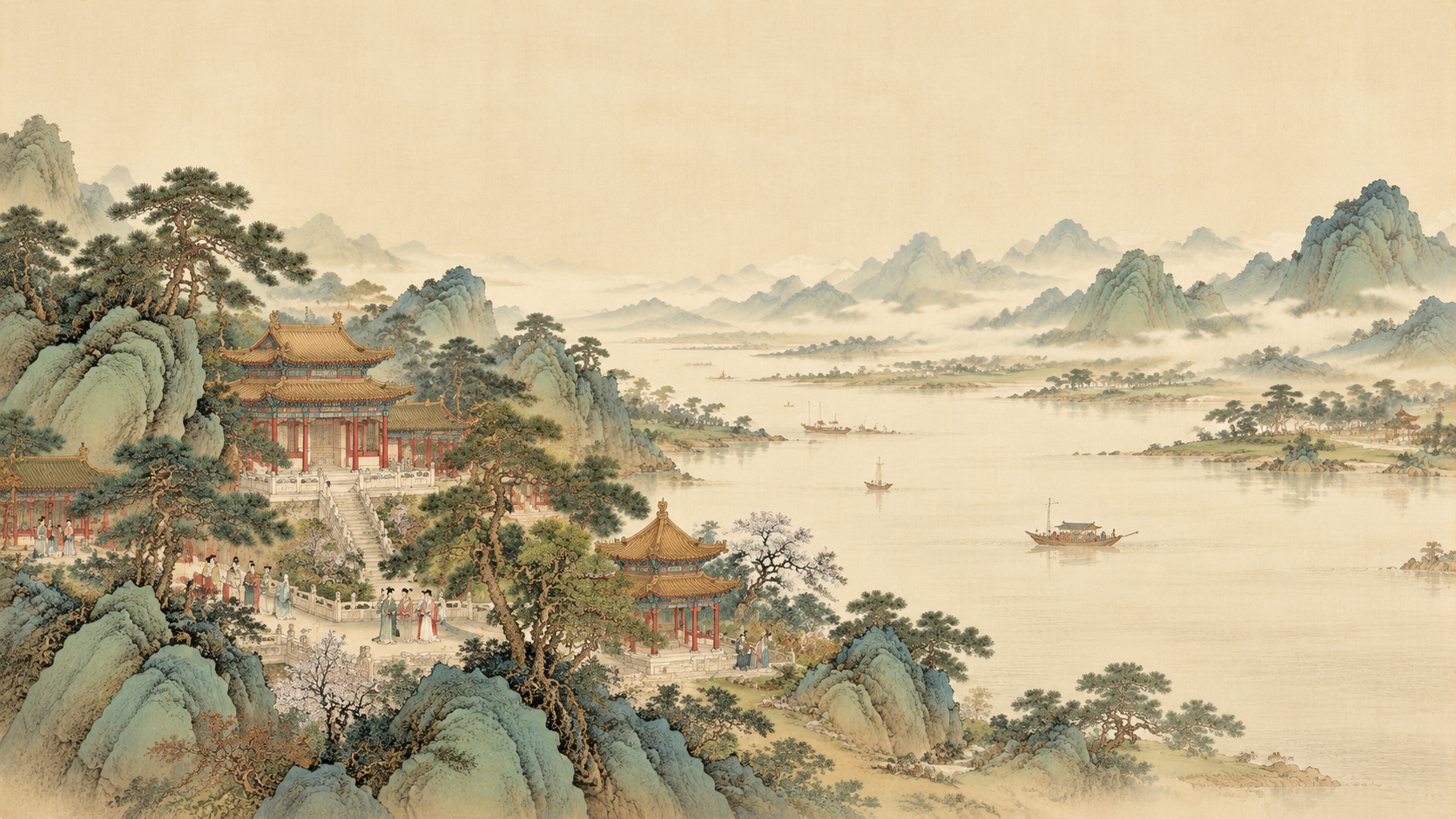 参考图中的中国古典工笔山水长卷风格，重新生成一幅1920*10… - 图片创意预览