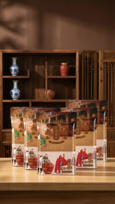 为瓦罐鲅鱼商品生成复古国风电商背景图，保持原有中式传统风格，暖棕木色调，带有古风木质博古架元素，适合商品展示预览效果